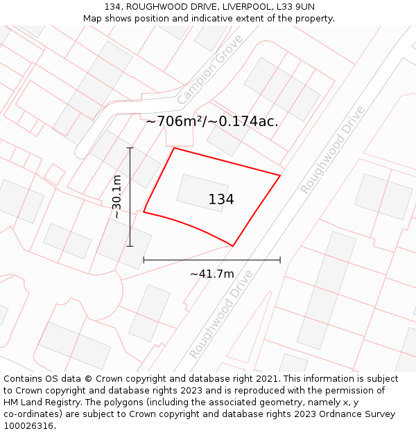 134, ROUGHWOOD DRIVE, LIVERPOOL, L33 9UN: Plot and title map