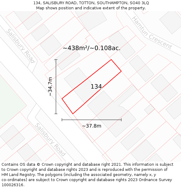 134, SALISBURY ROAD, TOTTON, SOUTHAMPTON, SO40 3LQ: Plot and title map