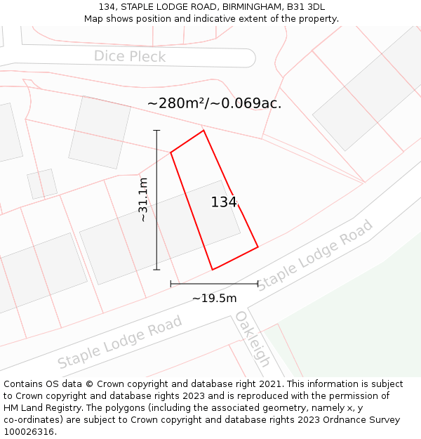134, STAPLE LODGE ROAD, BIRMINGHAM, B31 3DL: Plot and title map
