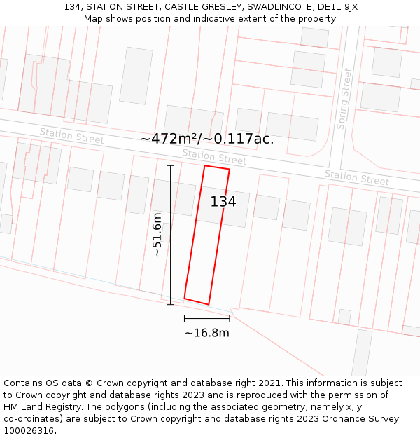 134, STATION STREET, CASTLE GRESLEY, SWADLINCOTE, DE11 9JX: Plot and title map