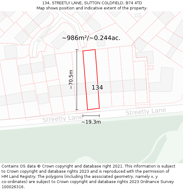 134, STREETLY LANE, SUTTON COLDFIELD, B74 4TD: Plot and title map