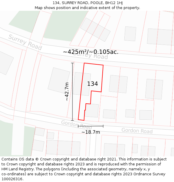 134, SURREY ROAD, POOLE, BH12 1HJ: Plot and title map
