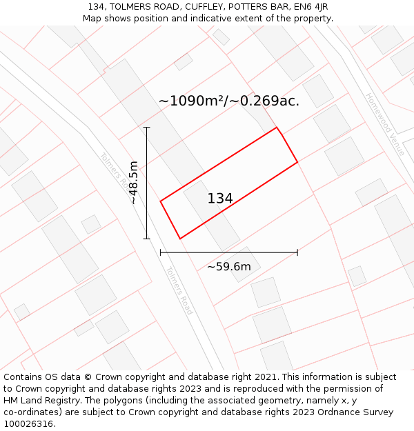 134, TOLMERS ROAD, CUFFLEY, POTTERS BAR, EN6 4JR: Plot and title map