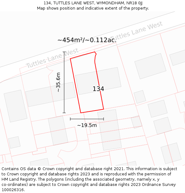 134, TUTTLES LANE WEST, WYMONDHAM, NR18 0JJ: Plot and title map