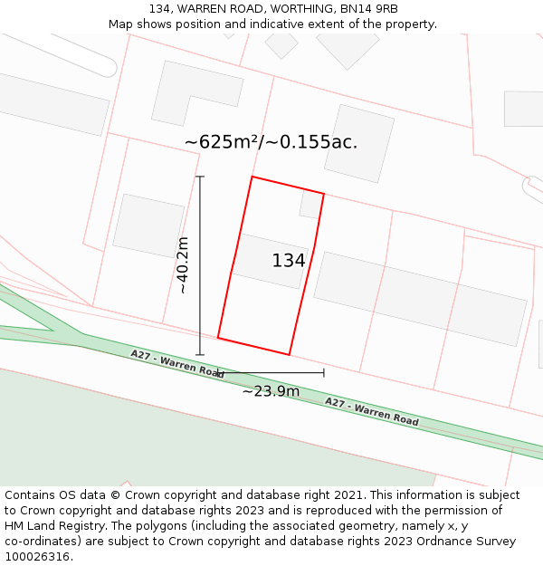 134, WARREN ROAD, WORTHING, BN14 9RB: Plot and title map