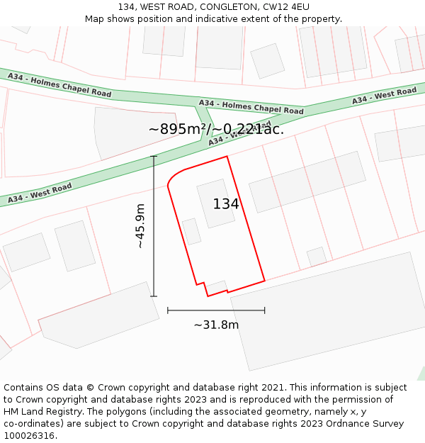 134, WEST ROAD, CONGLETON, CW12 4EU: Plot and title map