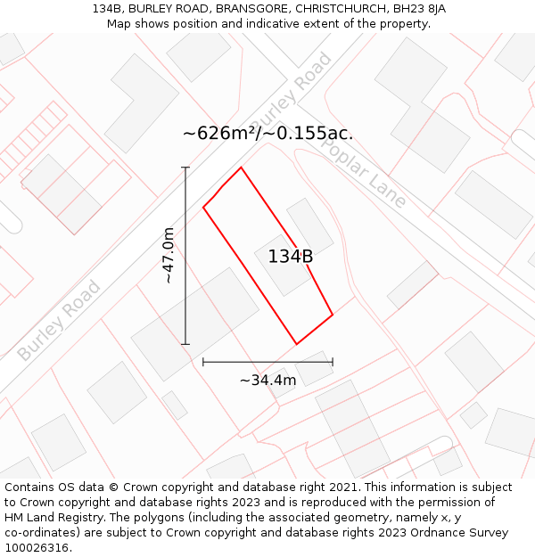 134B, BURLEY ROAD, BRANSGORE, CHRISTCHURCH, BH23 8JA: Plot and title map
