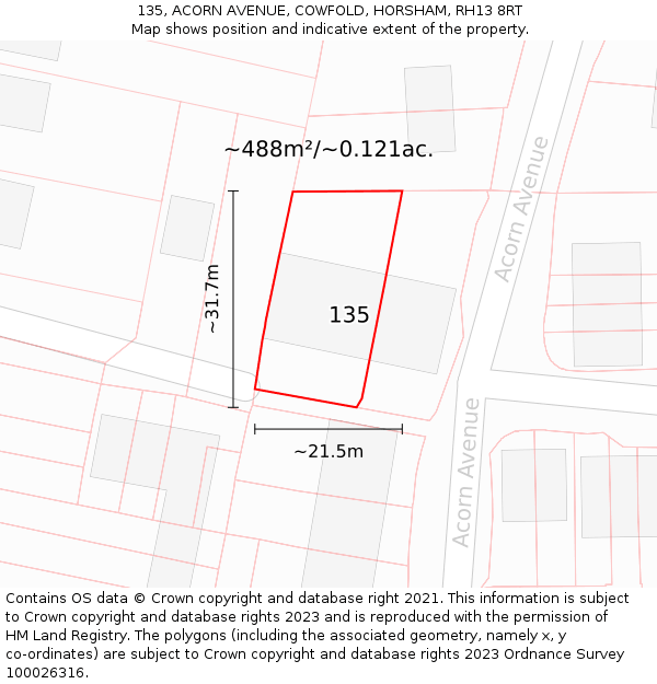 135, ACORN AVENUE, COWFOLD, HORSHAM, RH13 8RT: Plot and title map