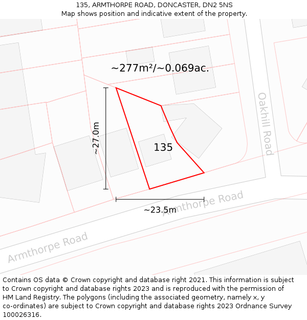 135, ARMTHORPE ROAD, DONCASTER, DN2 5NS: Plot and title map