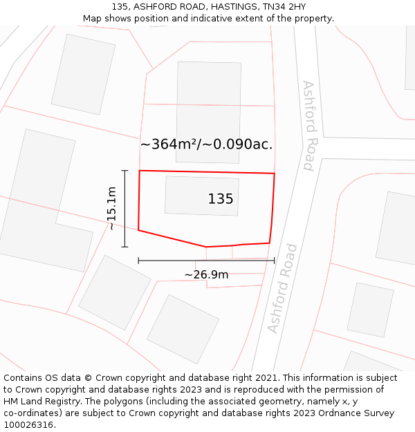 135, ASHFORD ROAD, HASTINGS, TN34 2HY: Plot and title map