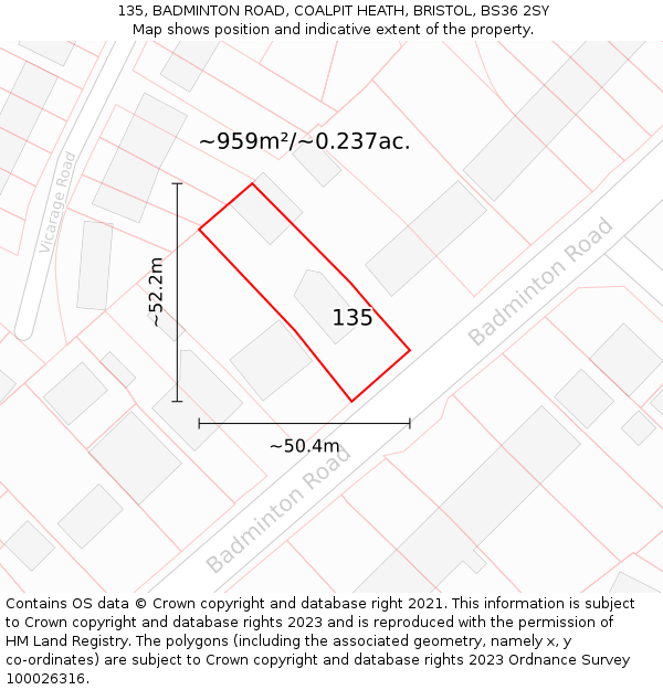 135, BADMINTON ROAD, COALPIT HEATH, BRISTOL, BS36 2SY: Plot and title map