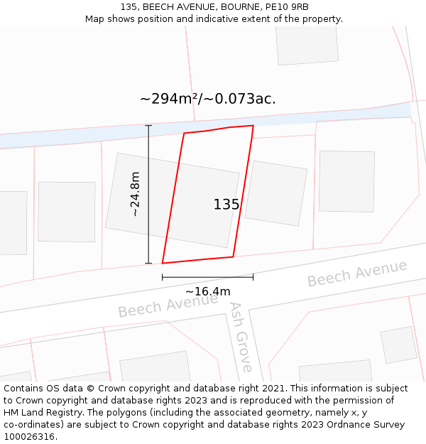 135, BEECH AVENUE, BOURNE, PE10 9RB: Plot and title map