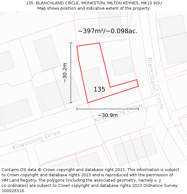 135, BLANCHLAND CIRCLE, MONKSTON, MILTON KEYNES, MK10 9GU: Plot and title map