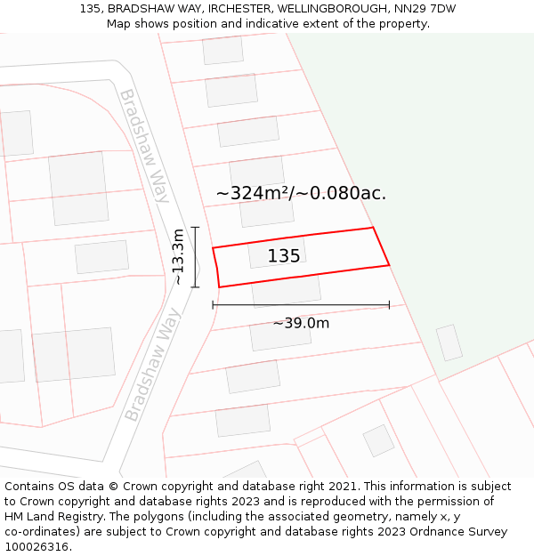135, BRADSHAW WAY, IRCHESTER, WELLINGBOROUGH, NN29 7DW: Plot and title map