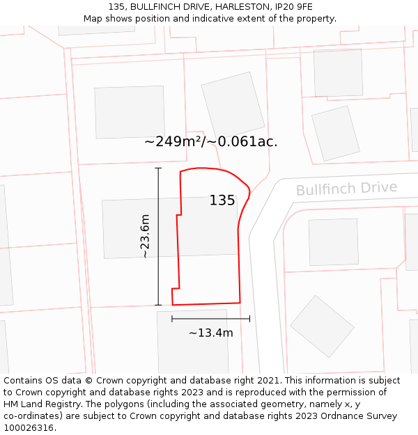 135, BULLFINCH DRIVE, HARLESTON, IP20 9FE: Plot and title map