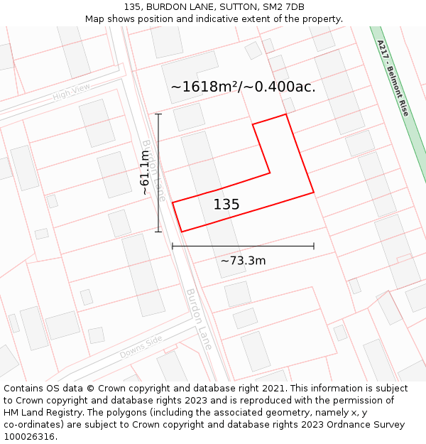 135, BURDON LANE, SUTTON, SM2 7DB: Plot and title map