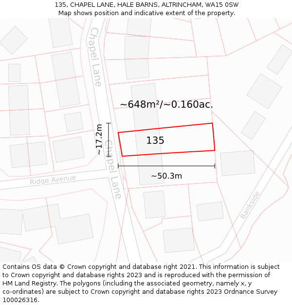 135, CHAPEL LANE, HALE BARNS, ALTRINCHAM, WA15 0SW: Plot and title map
