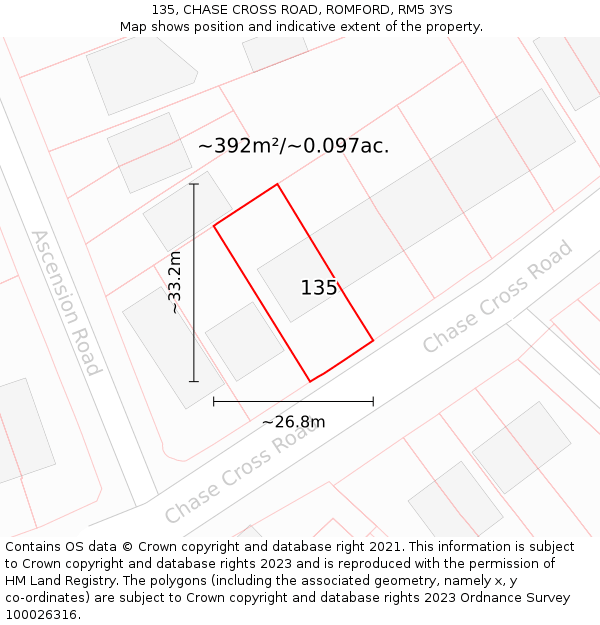 135, CHASE CROSS ROAD, ROMFORD, RM5 3YS: Plot and title map