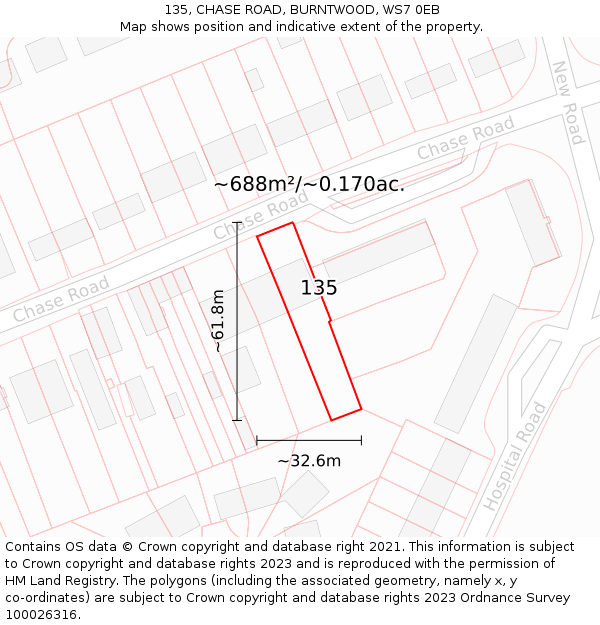 135, CHASE ROAD, BURNTWOOD, WS7 0EB: Plot and title map
