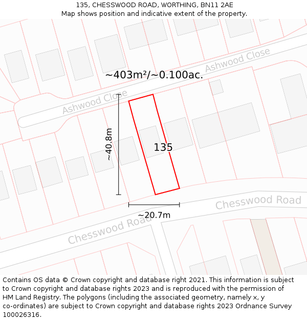 135, CHESSWOOD ROAD, WORTHING, BN11 2AE: Plot and title map