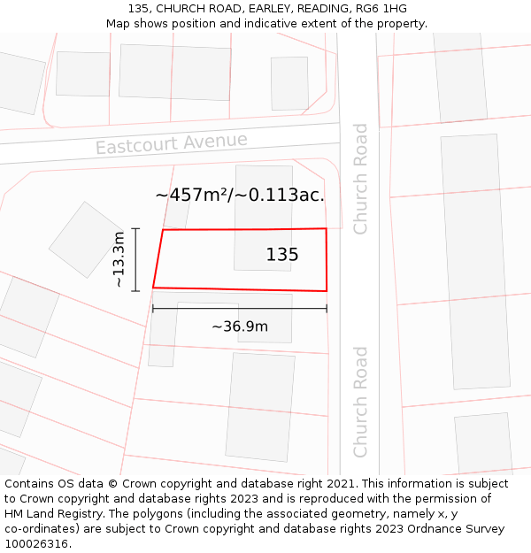 135, CHURCH ROAD, EARLEY, READING, RG6 1HG: Plot and title map