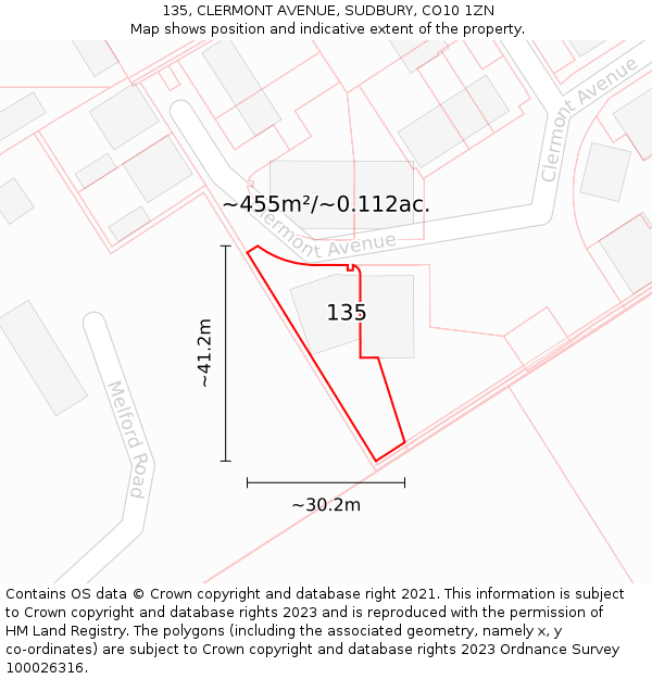 135, CLERMONT AVENUE, SUDBURY, CO10 1ZN: Plot and title map