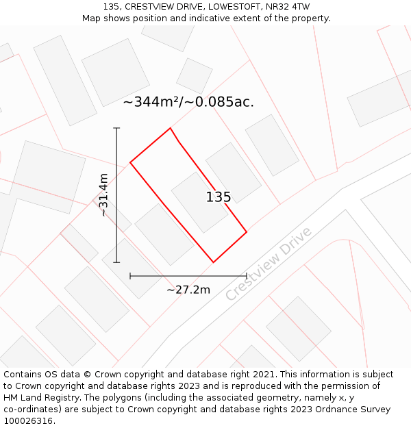 135, CRESTVIEW DRIVE, LOWESTOFT, NR32 4TW: Plot and title map