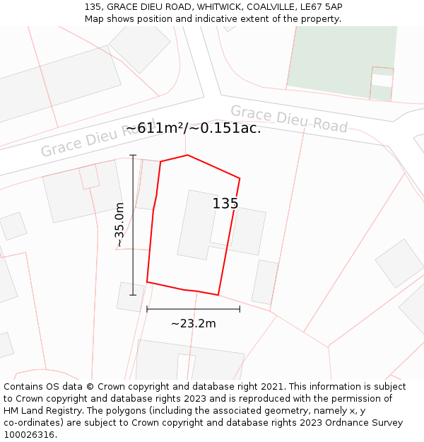 135, GRACE DIEU ROAD, WHITWICK, COALVILLE, LE67 5AP: Plot and title map
