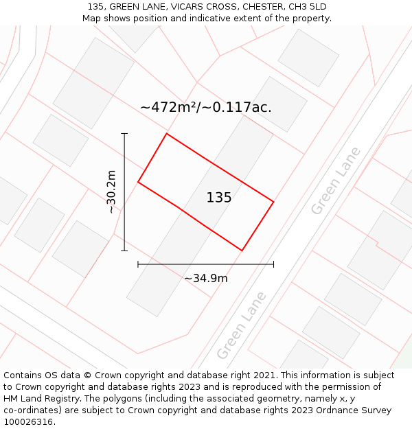 135, GREEN LANE, VICARS CROSS, CHESTER, CH3 5LD: Plot and title map