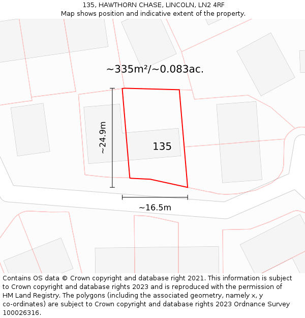 135, HAWTHORN CHASE, LINCOLN, LN2 4RF: Plot and title map