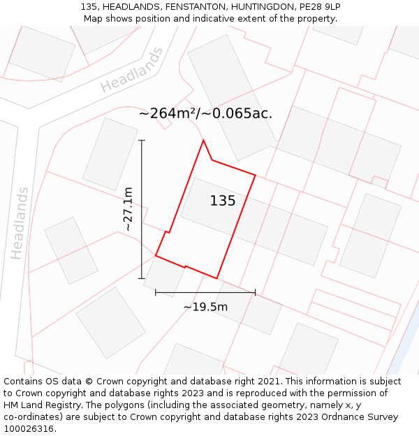 135, HEADLANDS, FENSTANTON, HUNTINGDON, PE28 9LP: Plot and title map