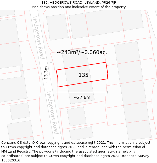 135, HEDGEROWS ROAD, LEYLAND, PR26 7JR: Plot and title map