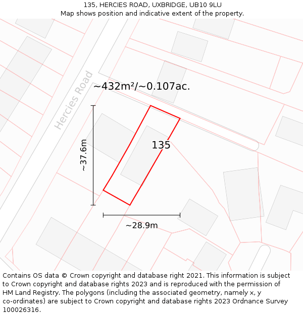135, HERCIES ROAD, UXBRIDGE, UB10 9LU: Plot and title map