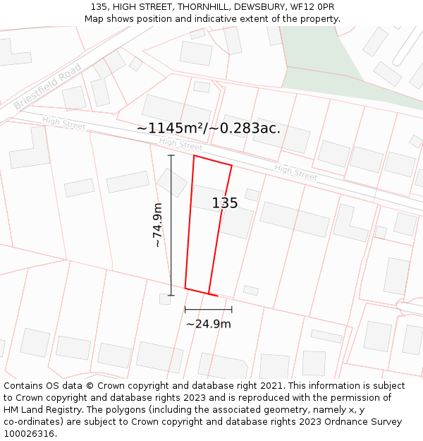 135, HIGH STREET, THORNHILL, DEWSBURY, WF12 0PR: Plot and title map