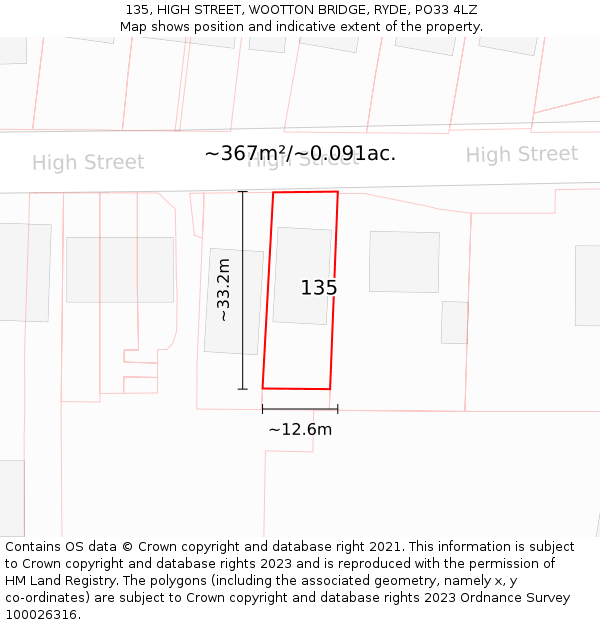 135, HIGH STREET, WOOTTON BRIDGE, RYDE, PO33 4LZ: Plot and title map