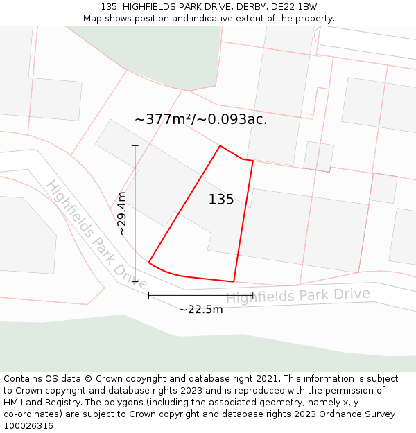 135, HIGHFIELDS PARK DRIVE, DERBY, DE22 1BW: Plot and title map