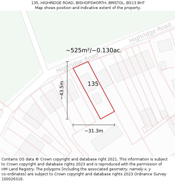 135, HIGHRIDGE ROAD, BISHOPSWORTH, BRISTOL, BS13 8HT: Plot and title map