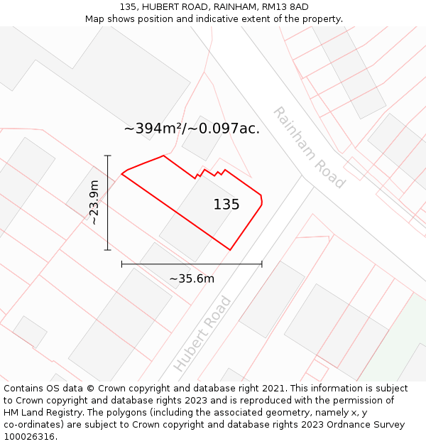 135, HUBERT ROAD, RAINHAM, RM13 8AD: Plot and title map
