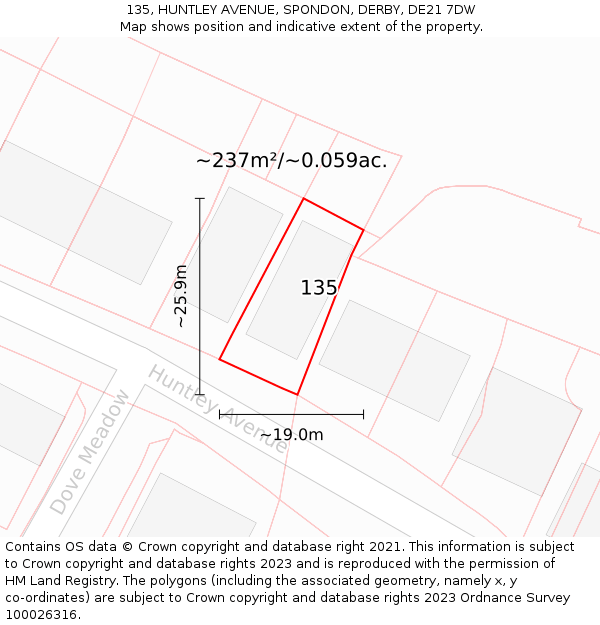 135, HUNTLEY AVENUE, SPONDON, DERBY, DE21 7DW: Plot and title map