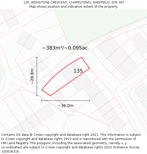 135, IRONSTONE CRESCENT, CHAPELTOWN, SHEFFIELD, S35 3XT: Plot and title map