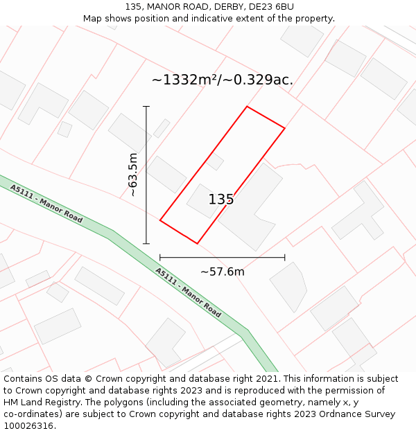 135, MANOR ROAD, DERBY, DE23 6BU: Plot and title map