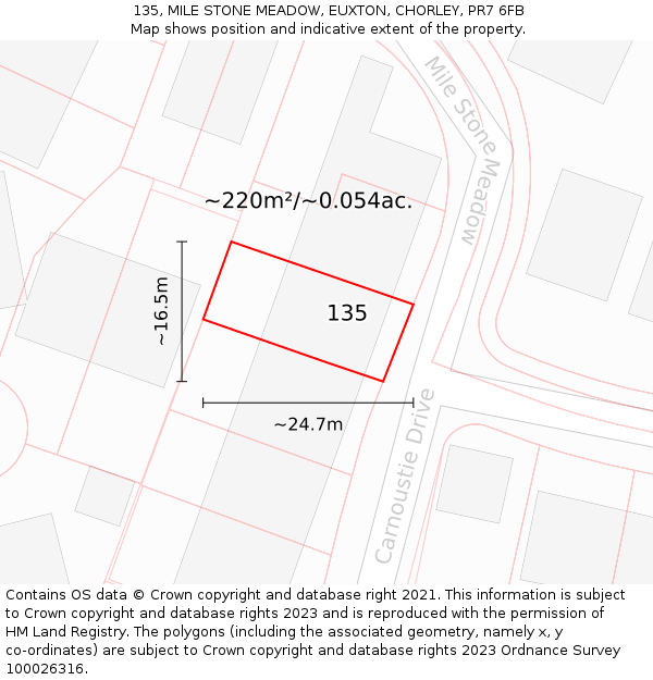 135, MILE STONE MEADOW, EUXTON, CHORLEY, PR7 6FB: Plot and title map