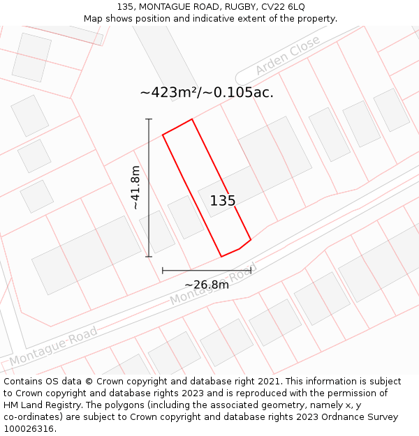 135, MONTAGUE ROAD, RUGBY, CV22 6LQ: Plot and title map