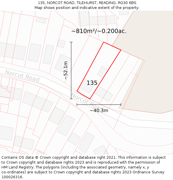135, NORCOT ROAD, TILEHURST, READING, RG30 6BS: Plot and title map