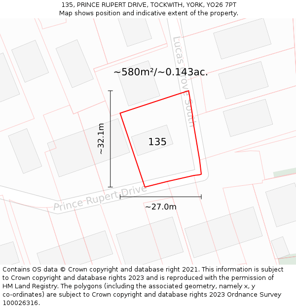 135, PRINCE RUPERT DRIVE, TOCKWITH, YORK, YO26 7PT: Plot and title map