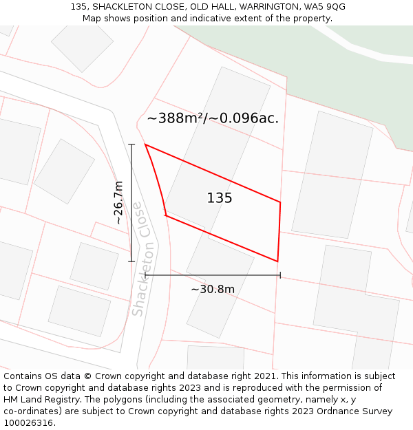 135, SHACKLETON CLOSE, OLD HALL, WARRINGTON, WA5 9QG: Plot and title map