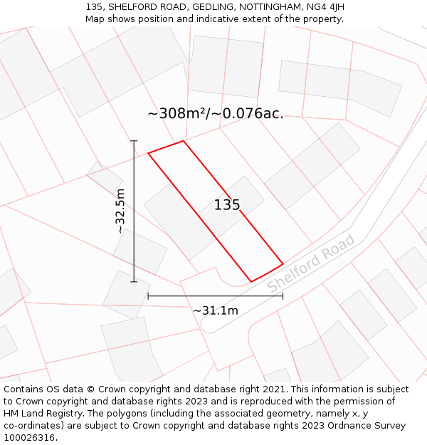135, SHELFORD ROAD, GEDLING, NOTTINGHAM, NG4 4JH: Plot and title map