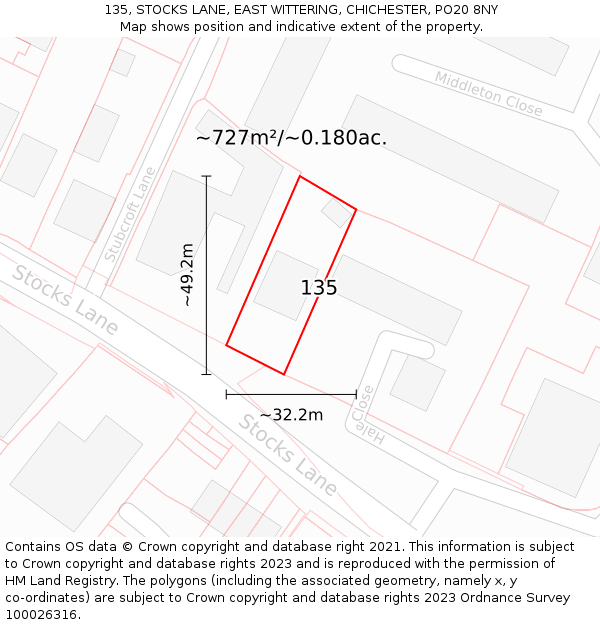 135, STOCKS LANE, EAST WITTERING, CHICHESTER, PO20 8NY: Plot and title map