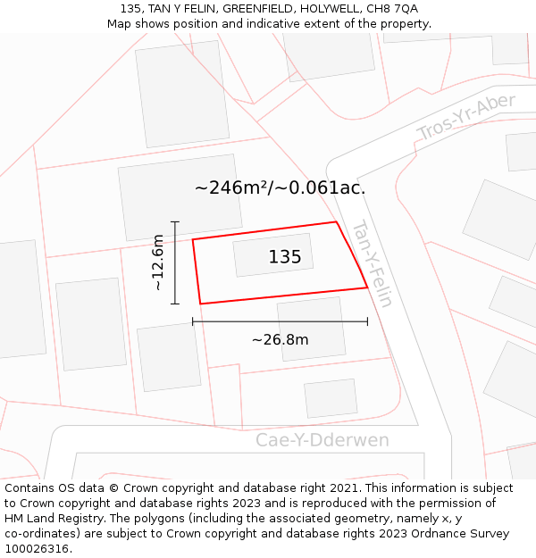 135, TAN Y FELIN, GREENFIELD, HOLYWELL, CH8 7QA: Plot and title map