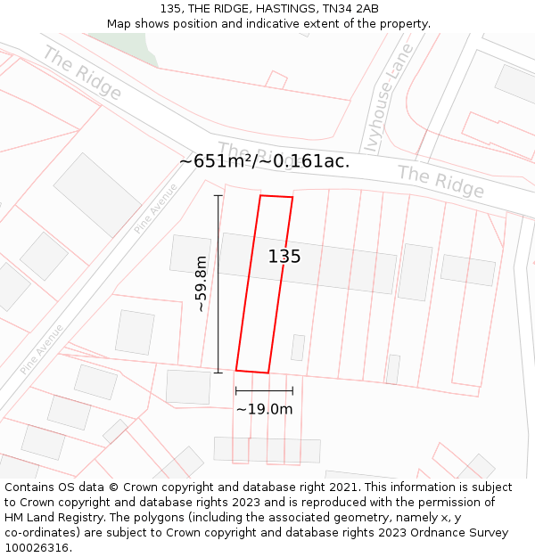 135, THE RIDGE, HASTINGS, TN34 2AB: Plot and title map